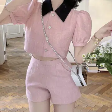 SNACC 핑크 린넨 스타일 크롭 한국 스타일 셋업
