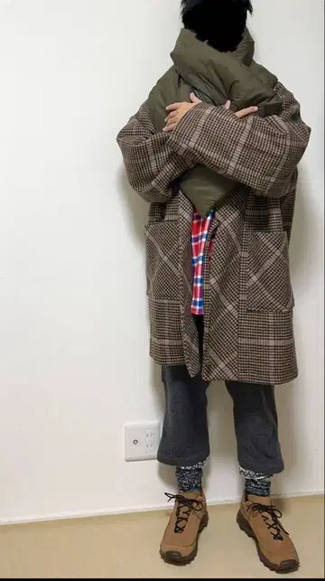 새상품급 ATHA 노라기 코트 노칼라 울 체크 노라기 기모노