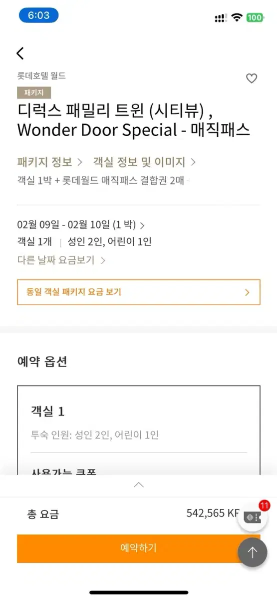 롯데호텔 월드(잠실) 패밀리 룸+자유이용권2매(매직 패스 3회씩 포함)+