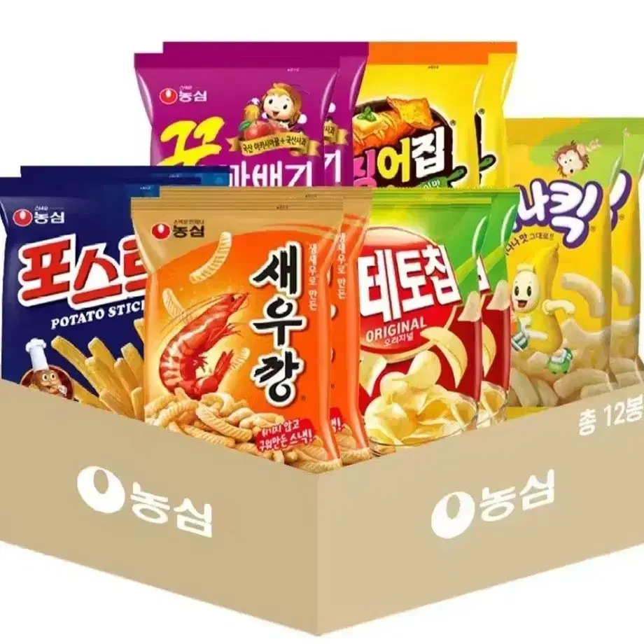 농심과자 모든맛맛보기12개혼합새우깡,꿀꽈배기,포스틱,포테토칩,바나나킥