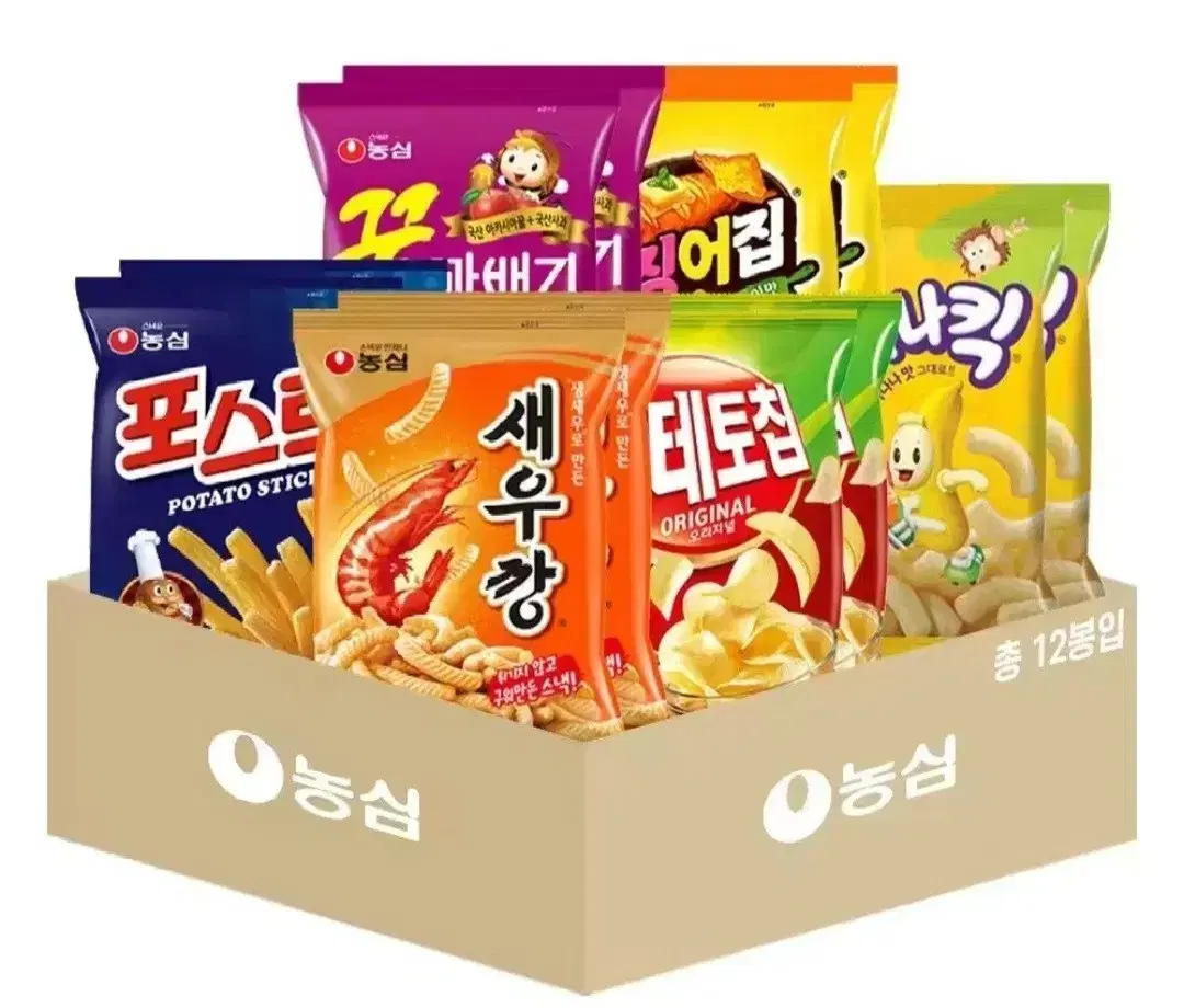 농심과자 모든맛맛보기12개혼합새우깡,꿀꽈배기,포스틱,포테토칩,바나나킥