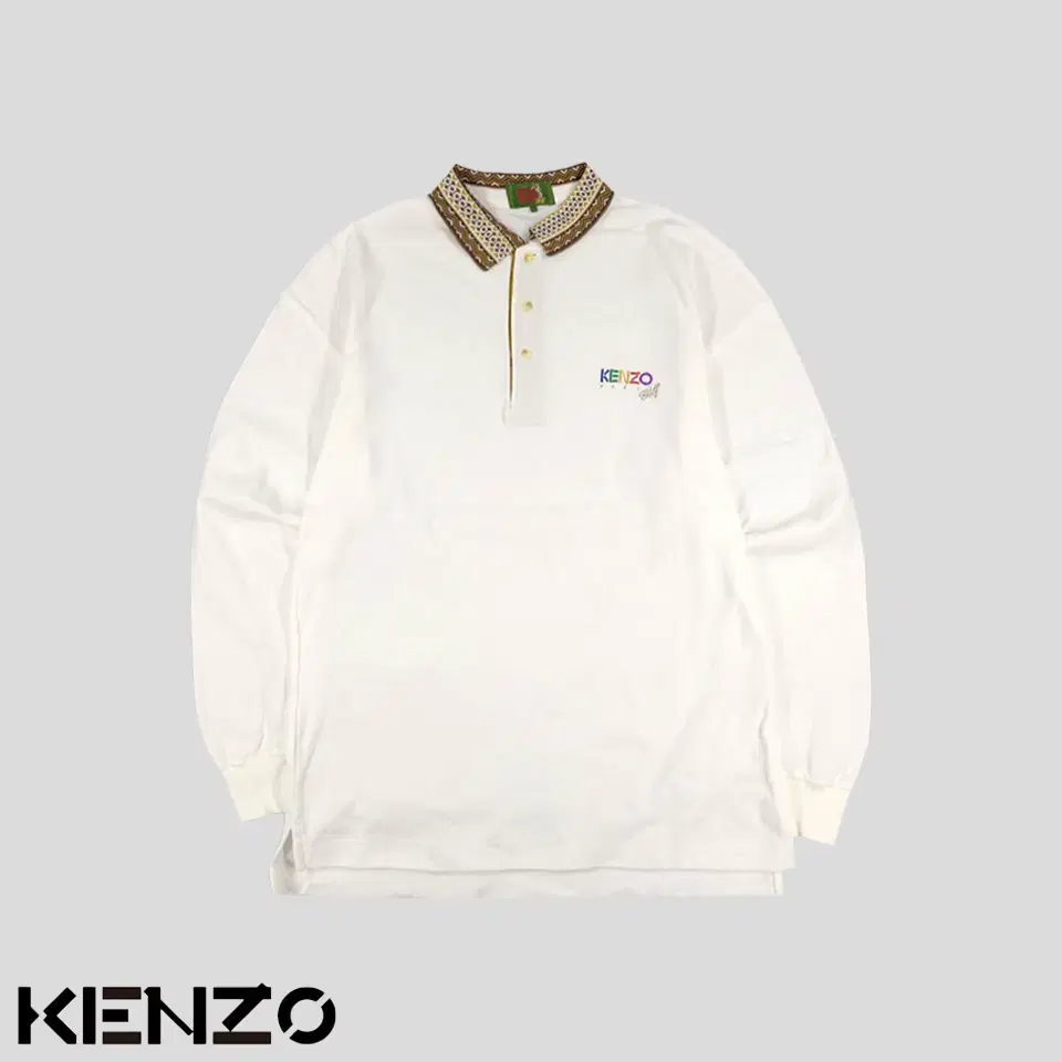 KENZO 겐조 골프 90s 화이트 브라운 에스닉 카라넥 하프버튼 PK