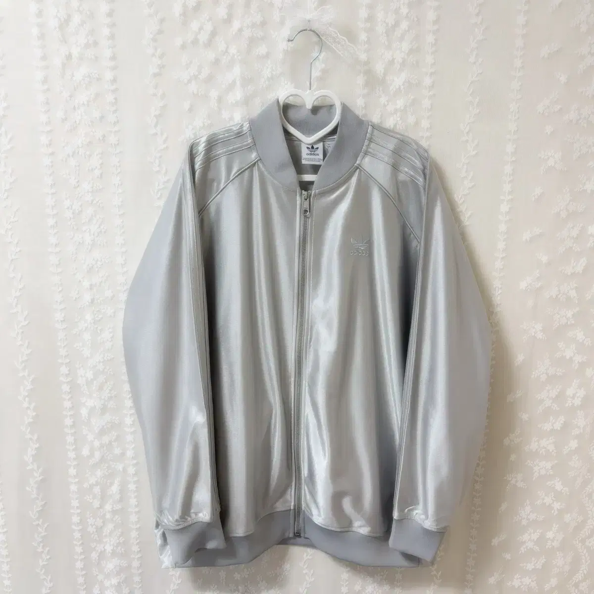 Adidas Silver Firebird Jersey Track Top Oversized Silver Shiny Jacket