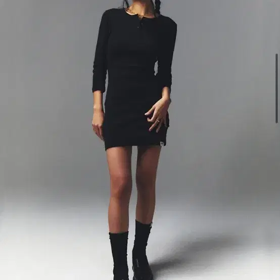 3/4 BUTTON FLY MINI DRESS(BLACK)