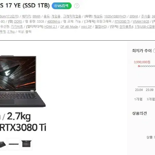 기가바이트 하이엔드급 게이밍 노트북/램32G,RTX3080Ti