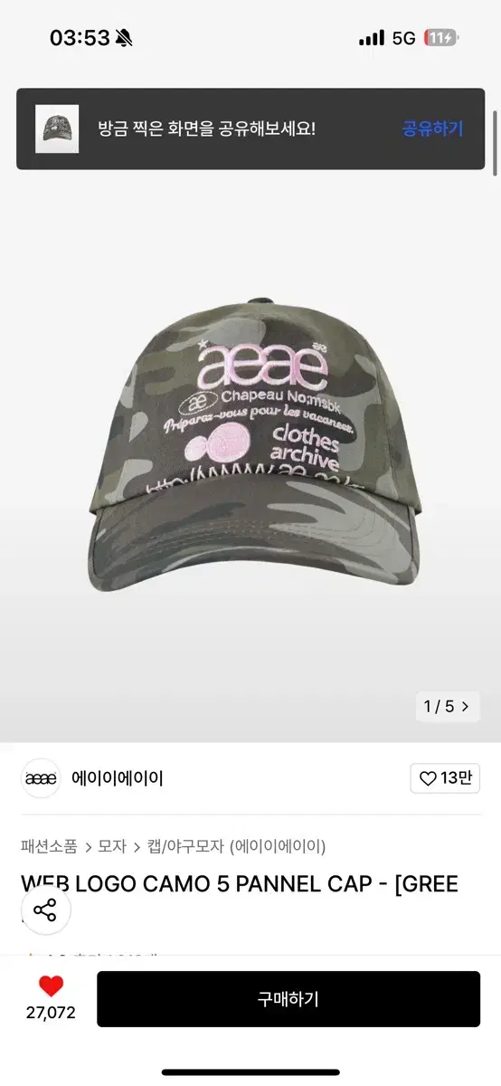 에이이에이이 aeae 모자 CAMO 카모 5 PANNEL CAP 새상품