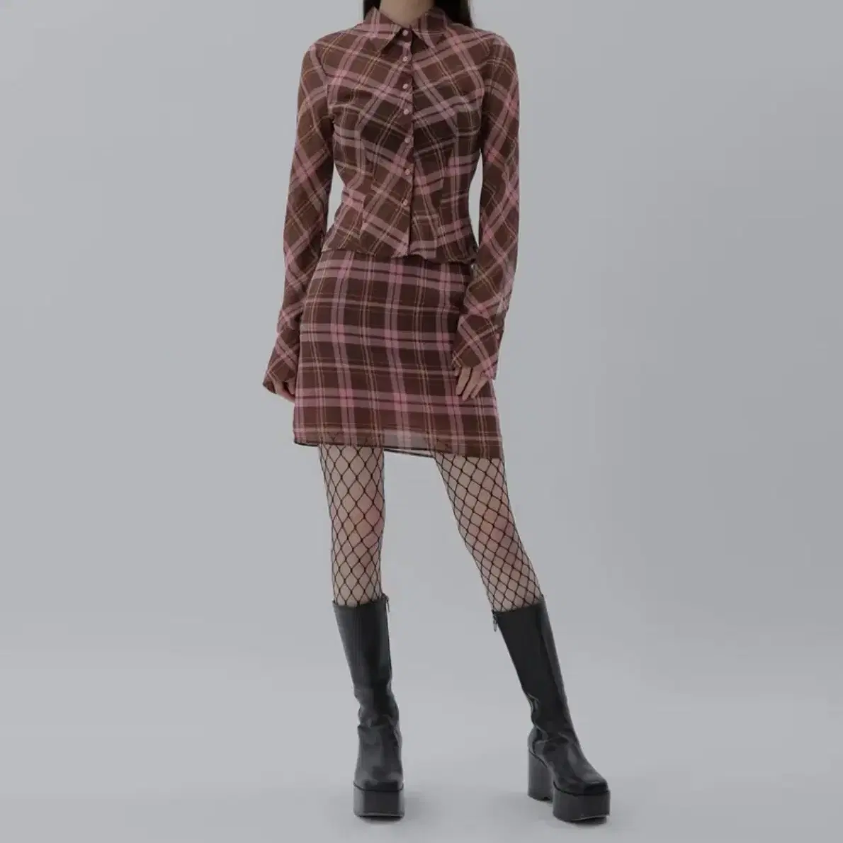 큐리티 블라우스 C SEE-THROUGH CHECKED BLOUSE_PI