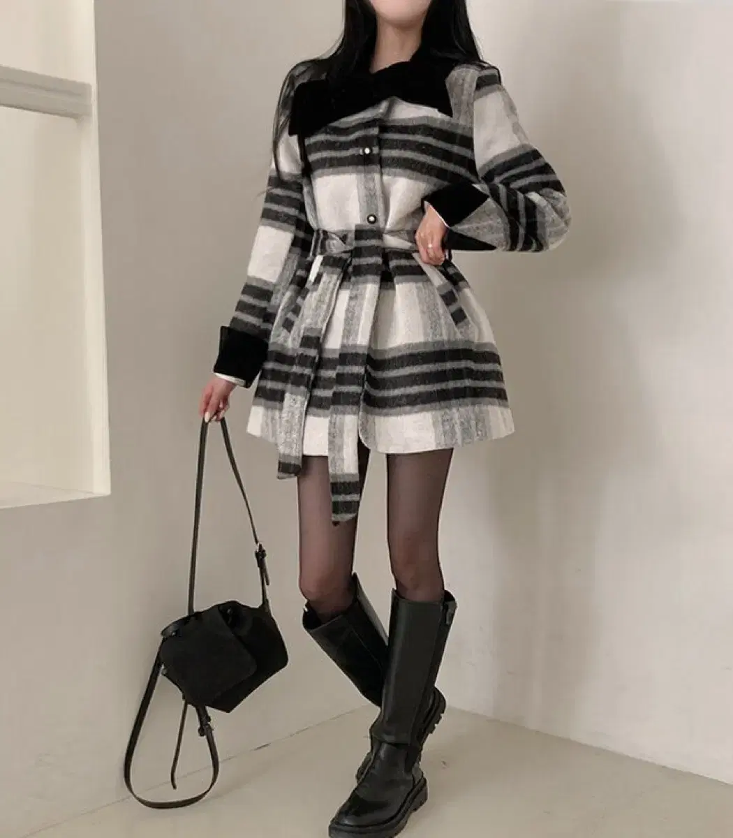 U.L. Ribbon Brooch Checkered Belt Half-length Short Coat Lined Padded Jacket