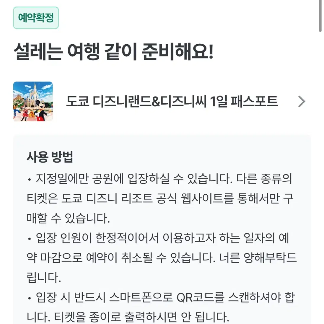 도쿄 디즈니랜드 2/10 F시즌 대인 티켓 바우처