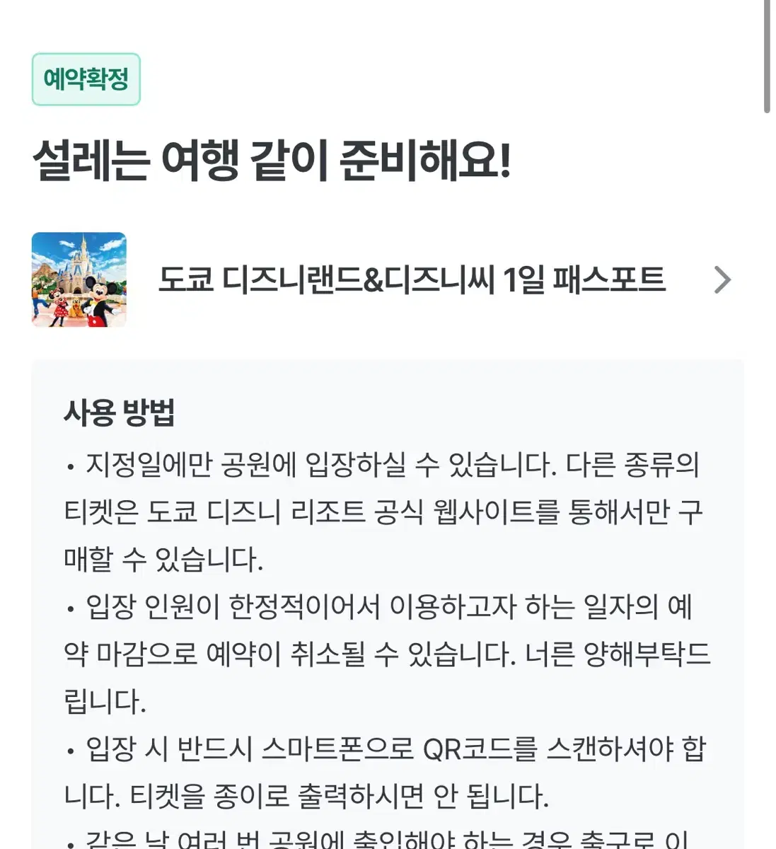 도쿄 디즈니랜드 2/10 F시즌 대인 티켓 바우처