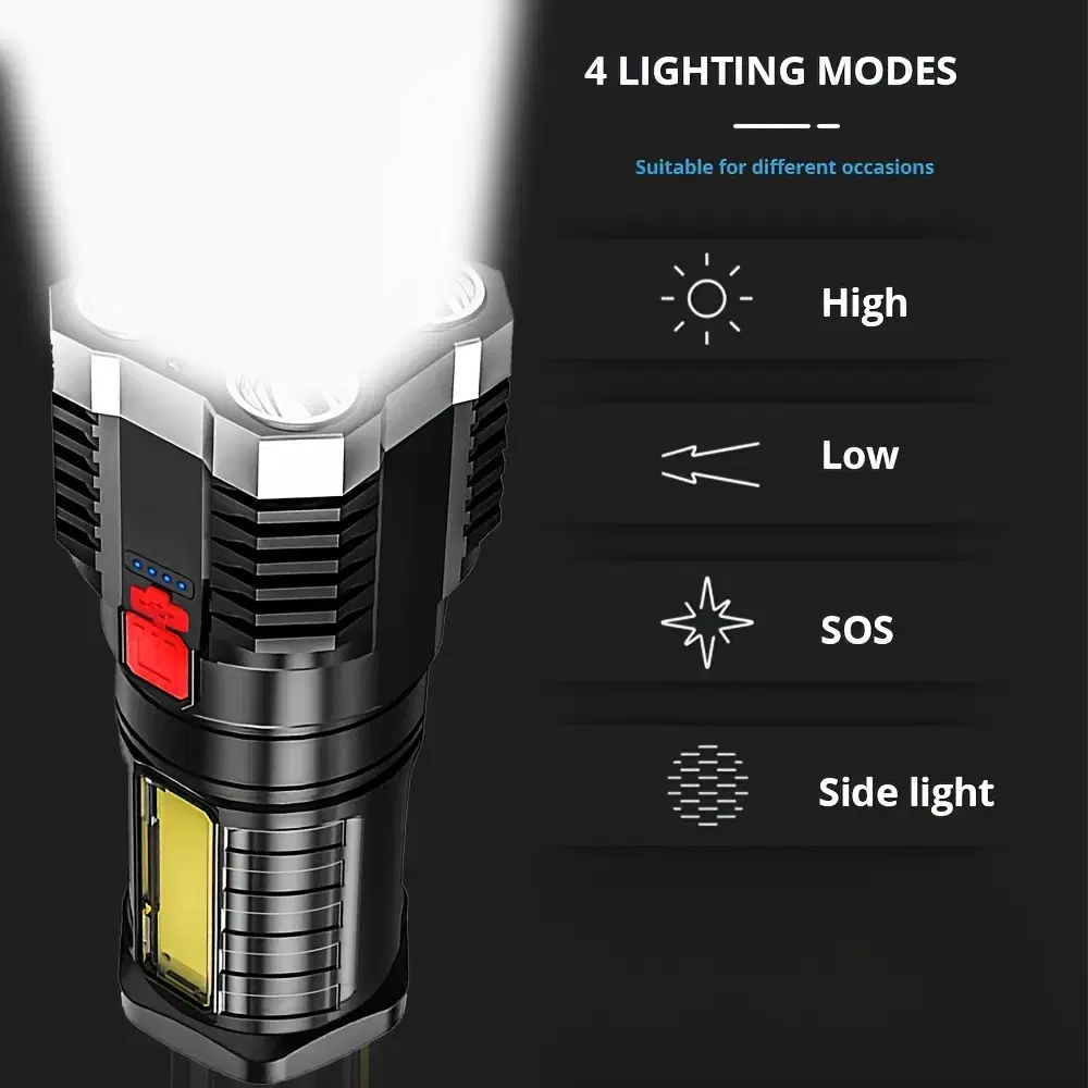 USB 충전식 LED COB 밝기 조절가능 손전등 라이트 후레쉬