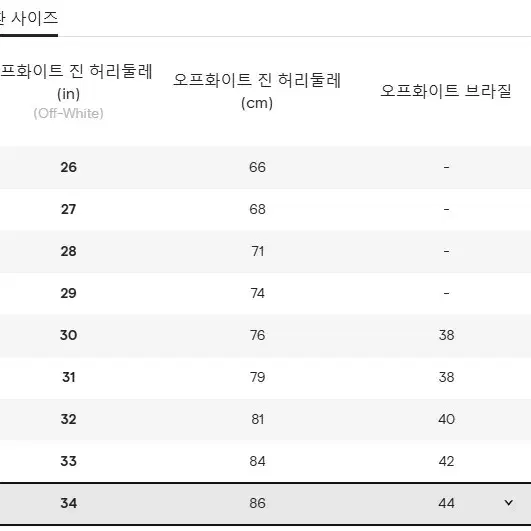 오프화이트 백 포켓 디아그 로고 슬림진 34사이즈 20Fw