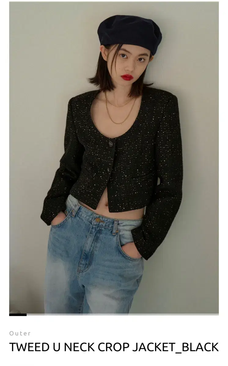 오버듀플레어 TWEED U NECK CROP JACKET_BLACK