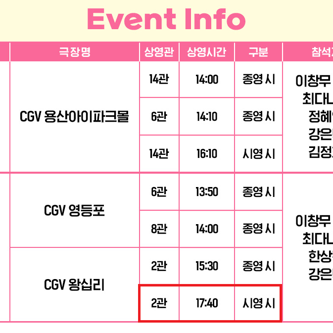 2/23 써니데이 무대인사 A열 중블 2연석 (왕십리CGV) 시영시