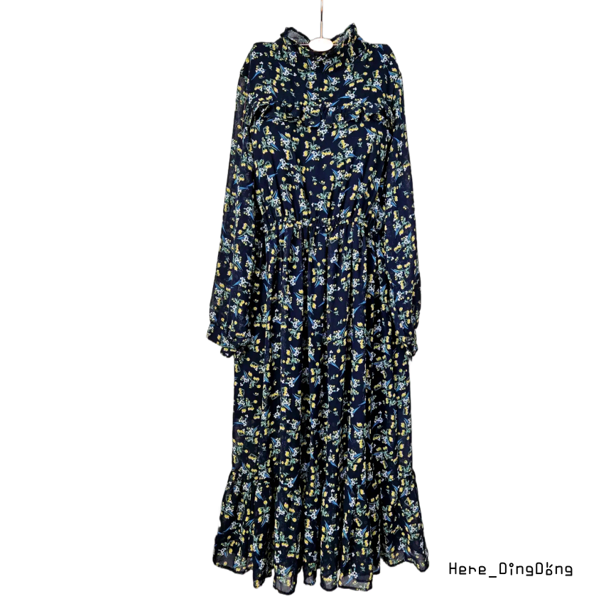 Ding-dong :) Navy yellow-white floral chiffon long ONEPIECE