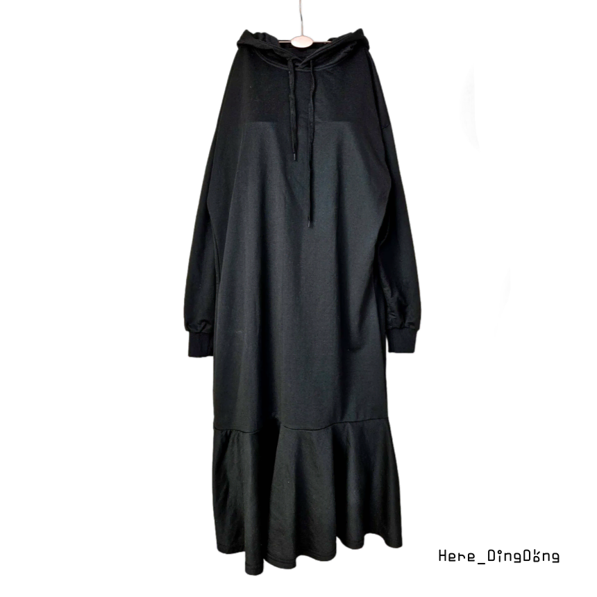 Ding-dong :) Black hooded long dress with frills at the hem