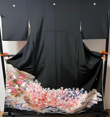 블랙 전통 예복 기모노 포멀, 유수에 꽃 기모노