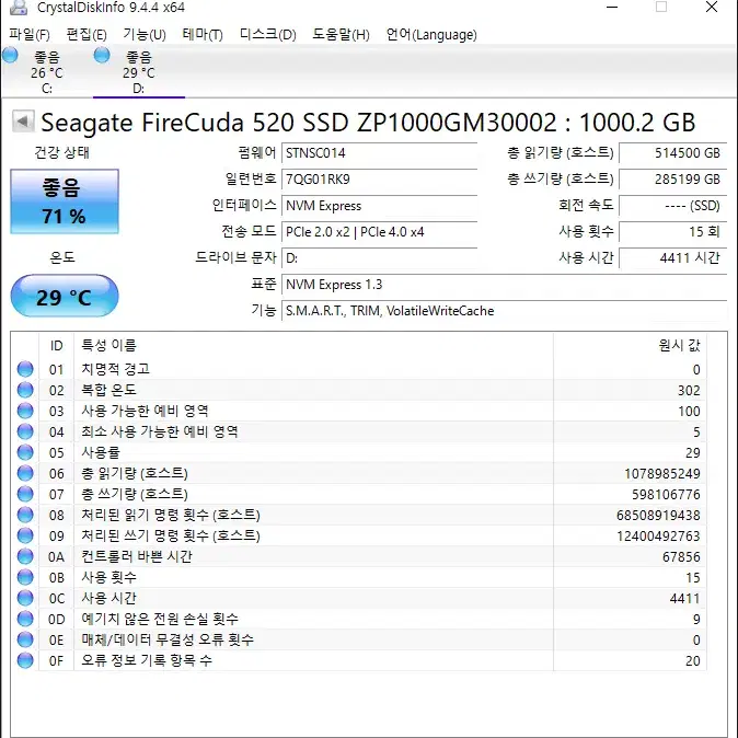 (1TB) 시게이트 파이어쿠다 520 M.2 NVMe SSD