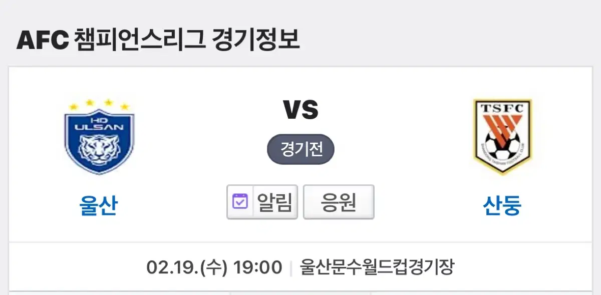 2.19.(수) 울산HD(울산현대) VS 산동 아챔 S5 스탠딩 2연석