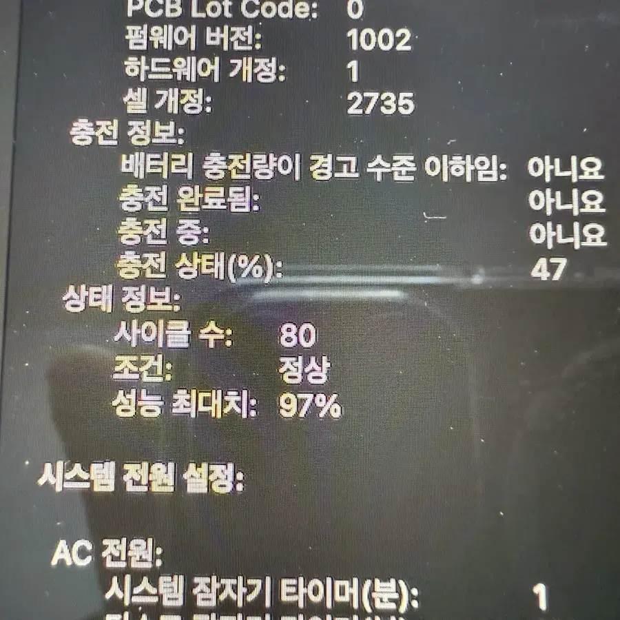 맥북에어 m1 용량256 램8 사이클수80 배터리성능 97%