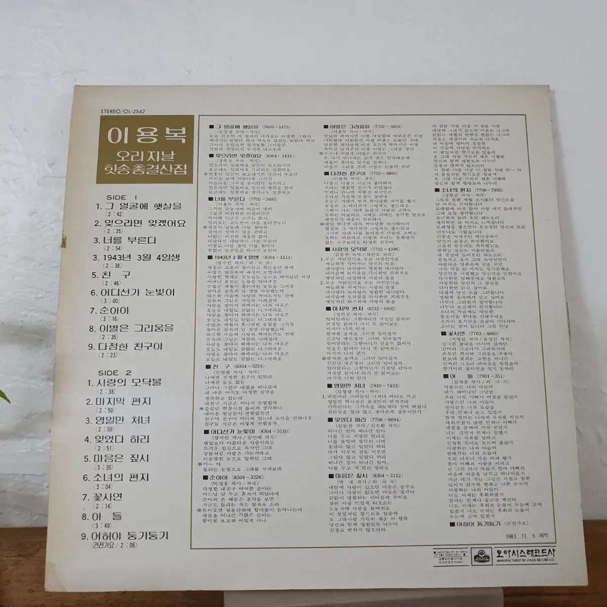 이용복 오리지날총결산집 LP  1983  그얼굴에 햇살을