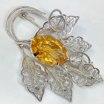 021389 은세공 시트린 황수정 꽃 코사지 브로치 오비 고정 띠에도