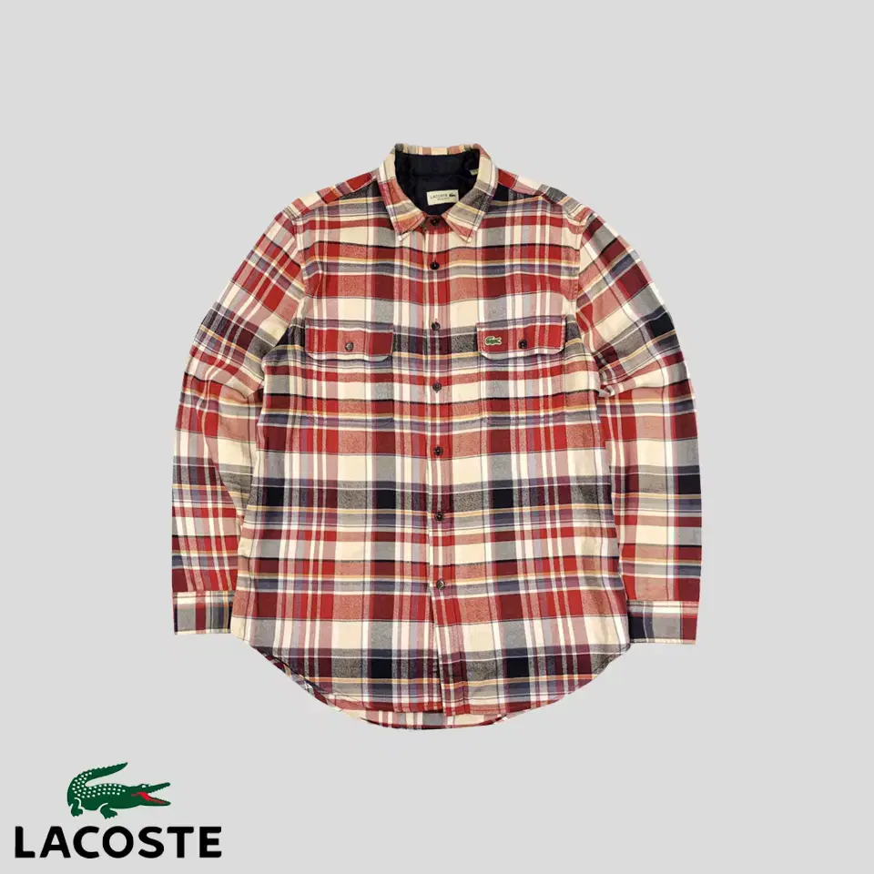 Lacoste Burgundy Multi-Color Check Crocodile-Print Double-Pocket Regular-Fit Flannel Shirt