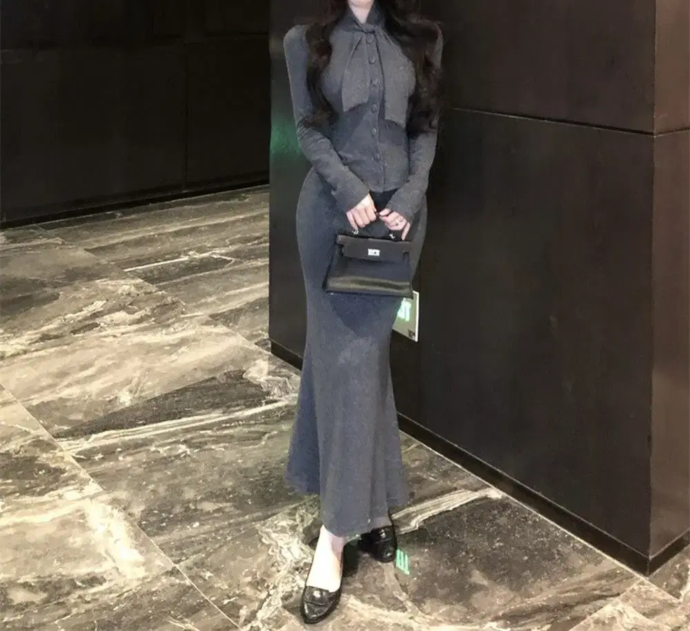 고퀄리티 SET 스카프 가디건 인어 머메이드 롱 스커트 투피스