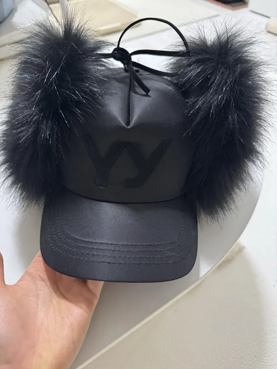 Open YY POU FUR EAR FLAP CAP BLACK