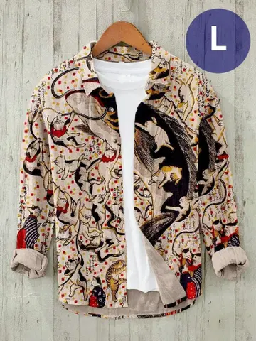 우키요에 긴팔 셔츠 고양이 오나마즈네타 하무레 L