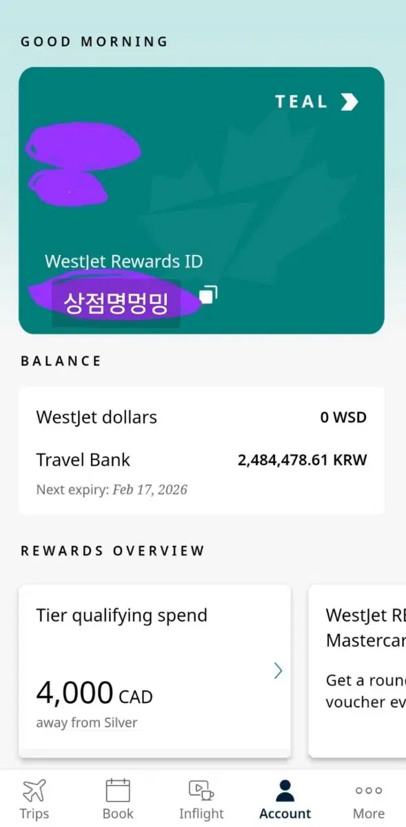 캐나다 웨스트젯(westjet) 항공사 크레딧 ₩248만->₩235만