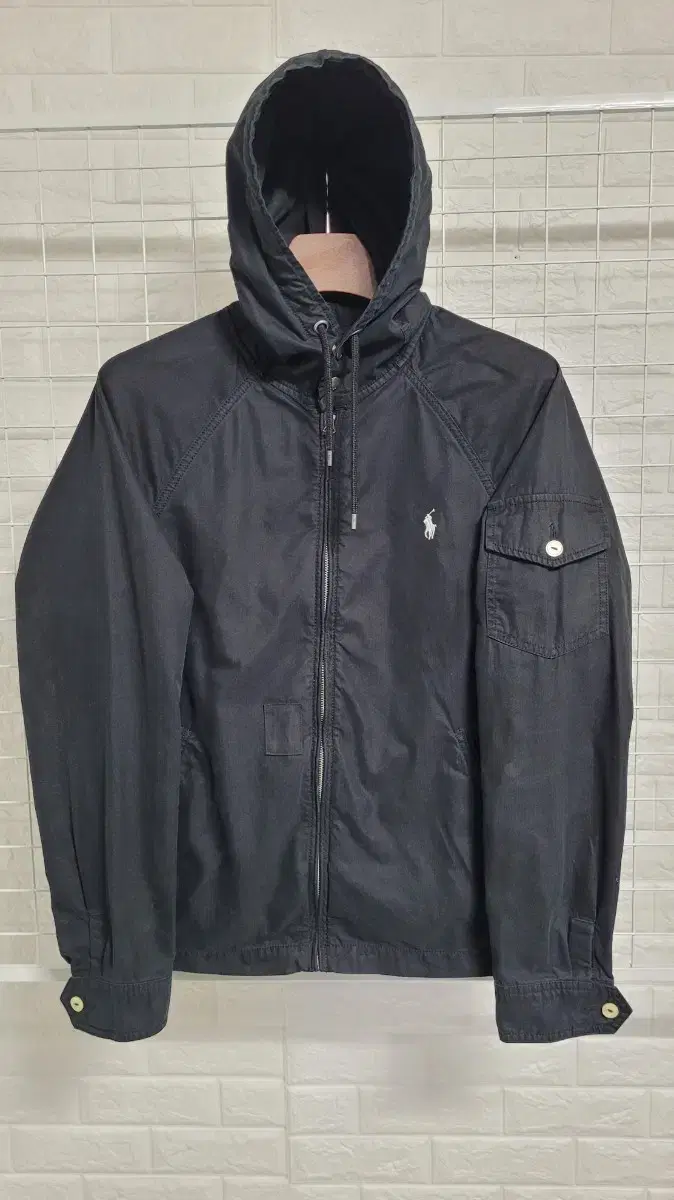 [M] Polo Ralph Lauren Black X White Logo Cotton Shell Button Detail Hooded Jacket M