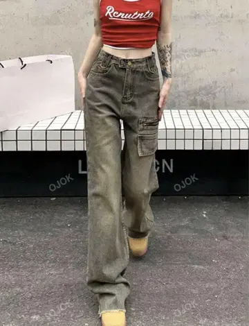 카고 팬츠 데님 데님 청바지 청바지 Y2K 하이웨스트 데미지 가공