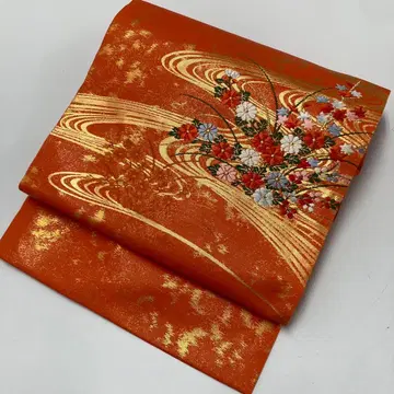 나고야 오비 유수에 오화 금채 순수 실크 멋진 디자인 오렌지 T-2380