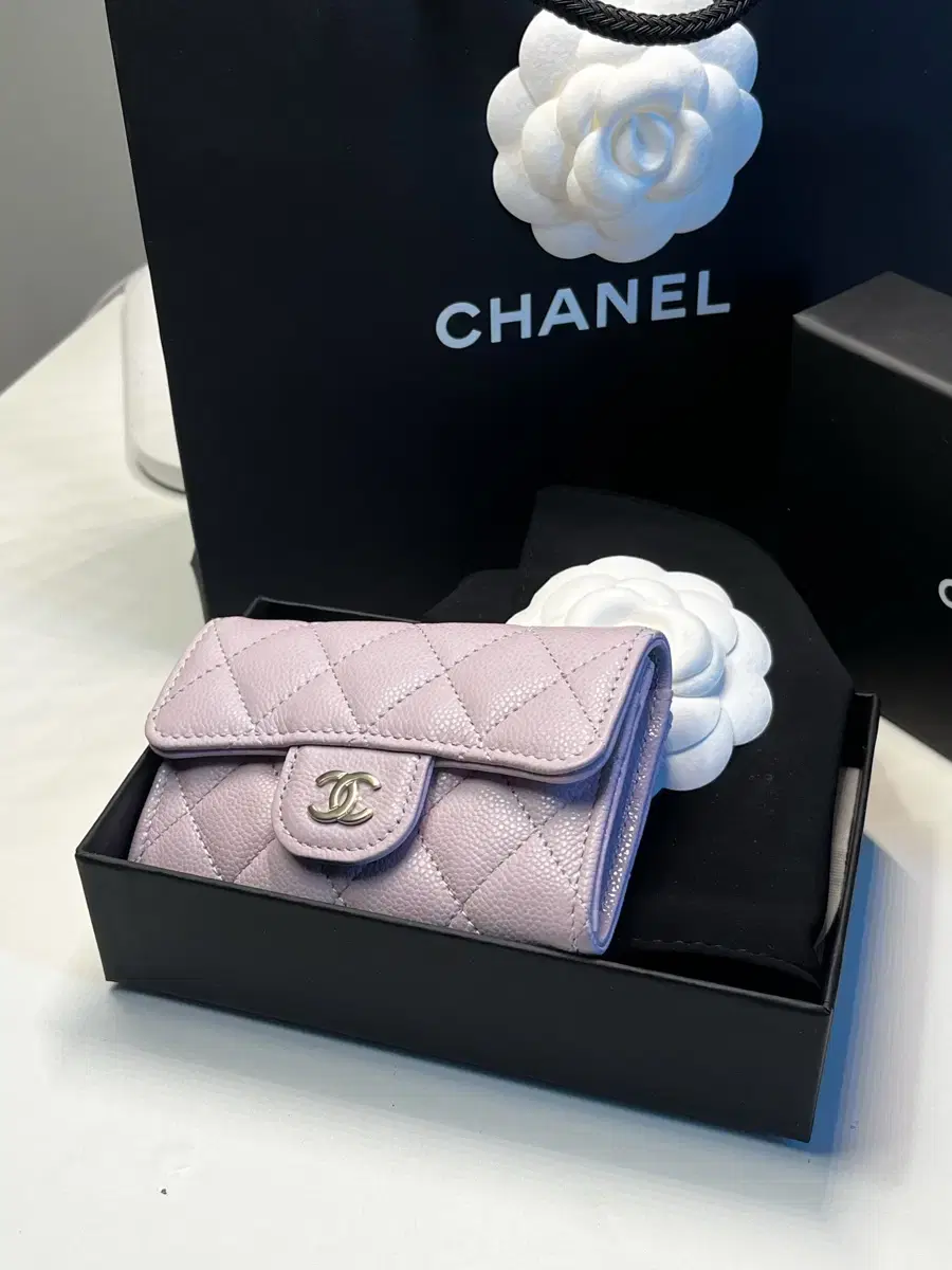 Chanel Classic Classic Tick Flap Wallet Card Holder Pink Light Purple Caviar