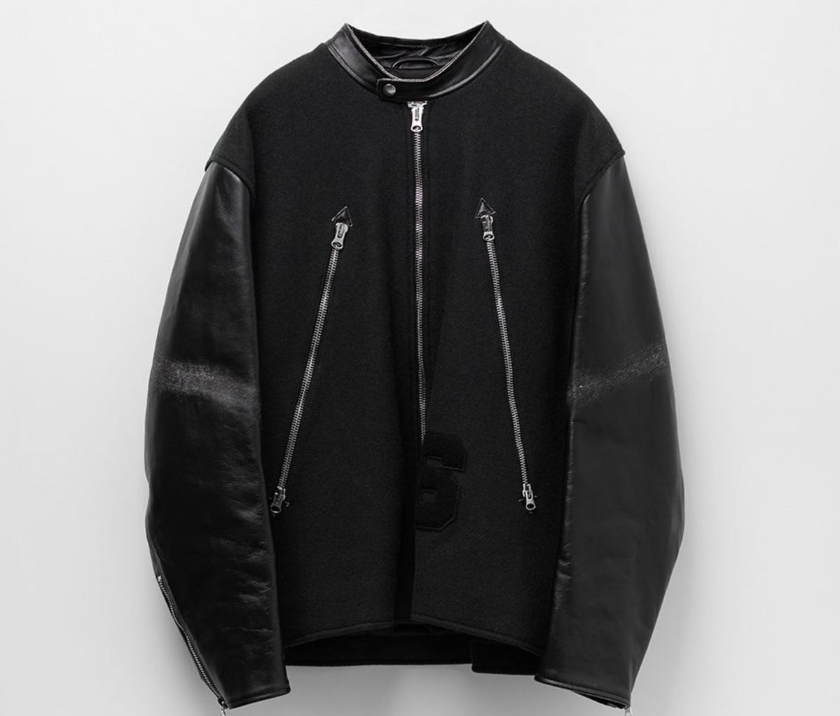 (W) MM6 6-Patch Fake Leather Sleeve Wool Jacket - Black