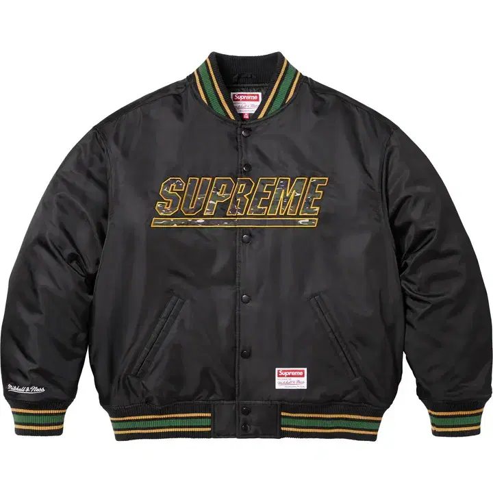 S,M,L,XL 슈프림 미첼 네스 카모 로고 바시티 자켓 블랙 누빔 점퍼