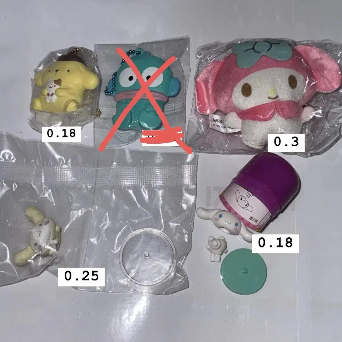 산리오 폼폼푸림 한교동 마이멜로디 시나모롤 피규어 납작키링 인형 가챠