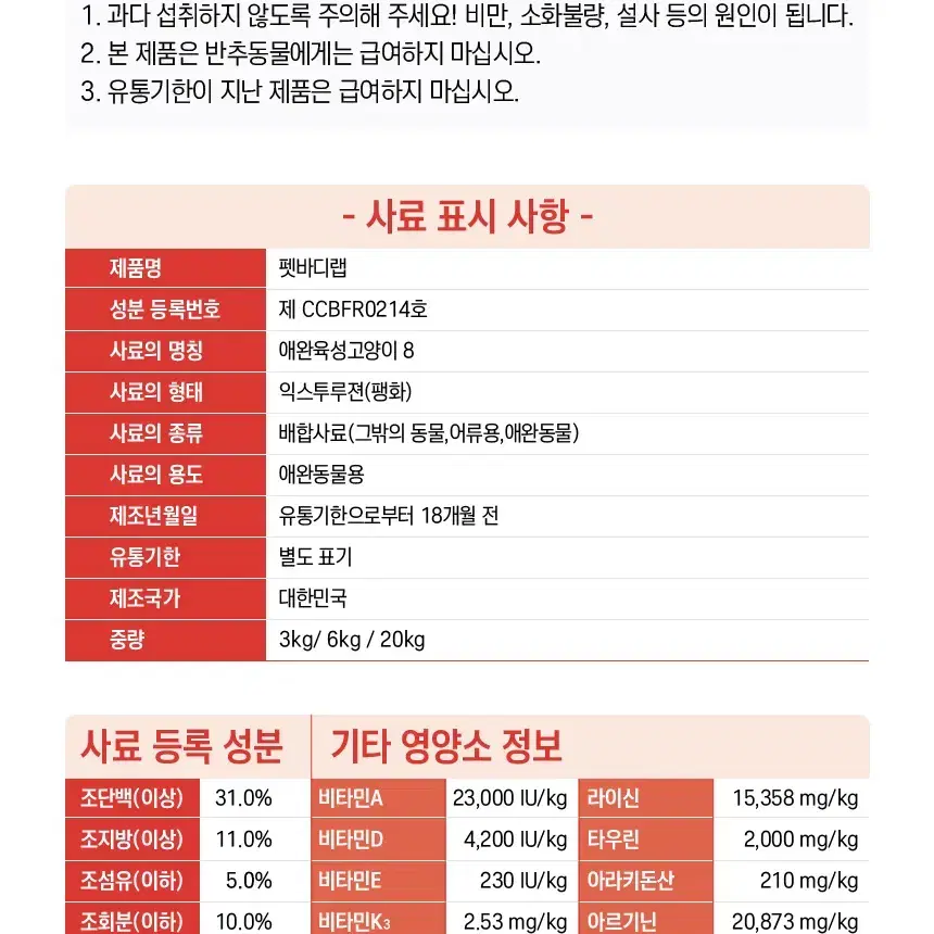 펫바디랩 전연령 고양이 사료 대포장 20kg 1개