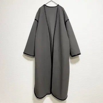 moment+ 멜톤 노카라 롱 코트 허리 벨트 부착 파이핑