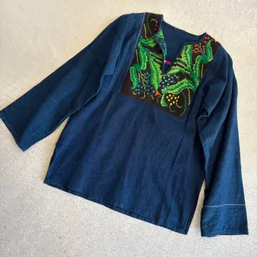 자수 다크 블루 튜닉 긴팔 인디고 네이비 나염 과테말라 민족