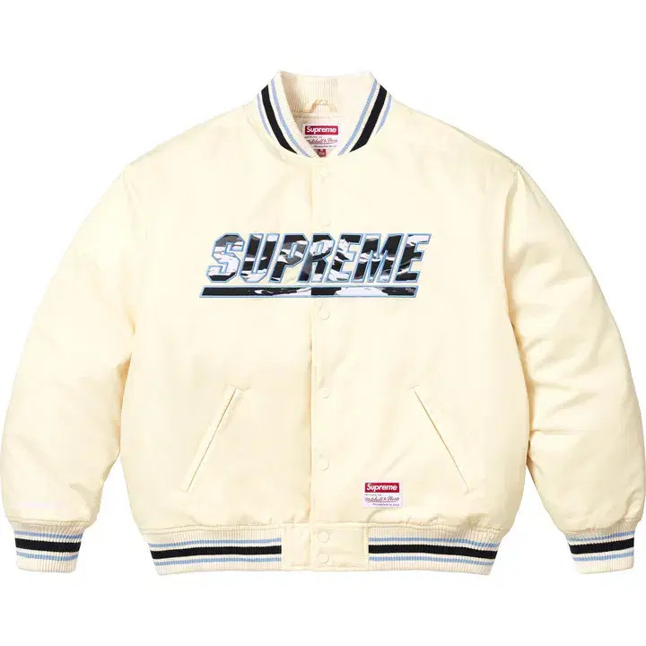 M,L,XL,XXL 슈프림 미첼 네스 카모 로고 바시티 자켓 화이트 누빔