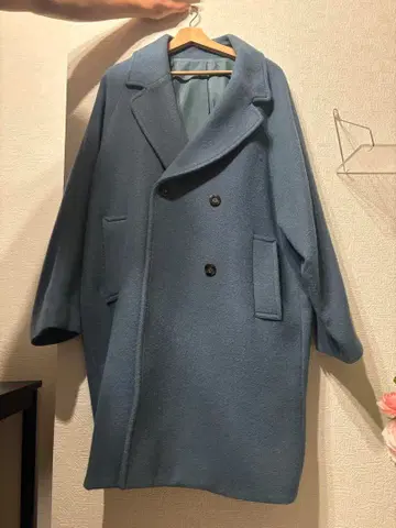 유니클로 블루 더블 브레스트 체스터 코트