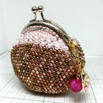 유리 비즈 뜨개질 코인 케이스 핑크 골드 팀 부착