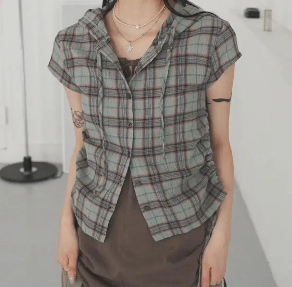 바이너리원 셔링 헤더 체크셔츠