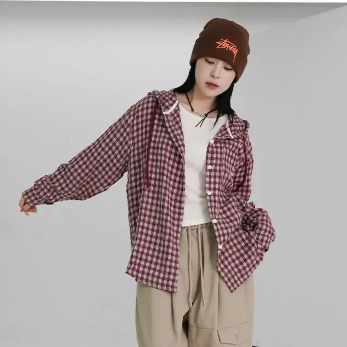 바이너리원 테렌 체크 후드 셔츠