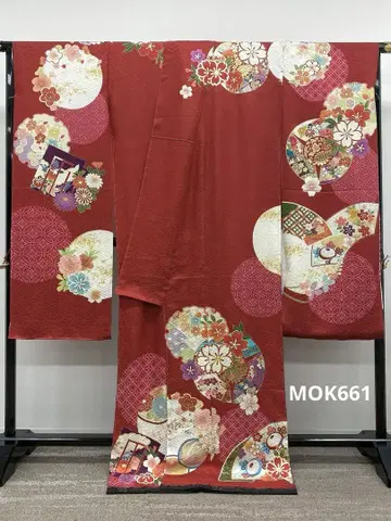 후리소데 가에히토에 금장식 금색 무늬 순실크 미재단품 8개 깃털 부착