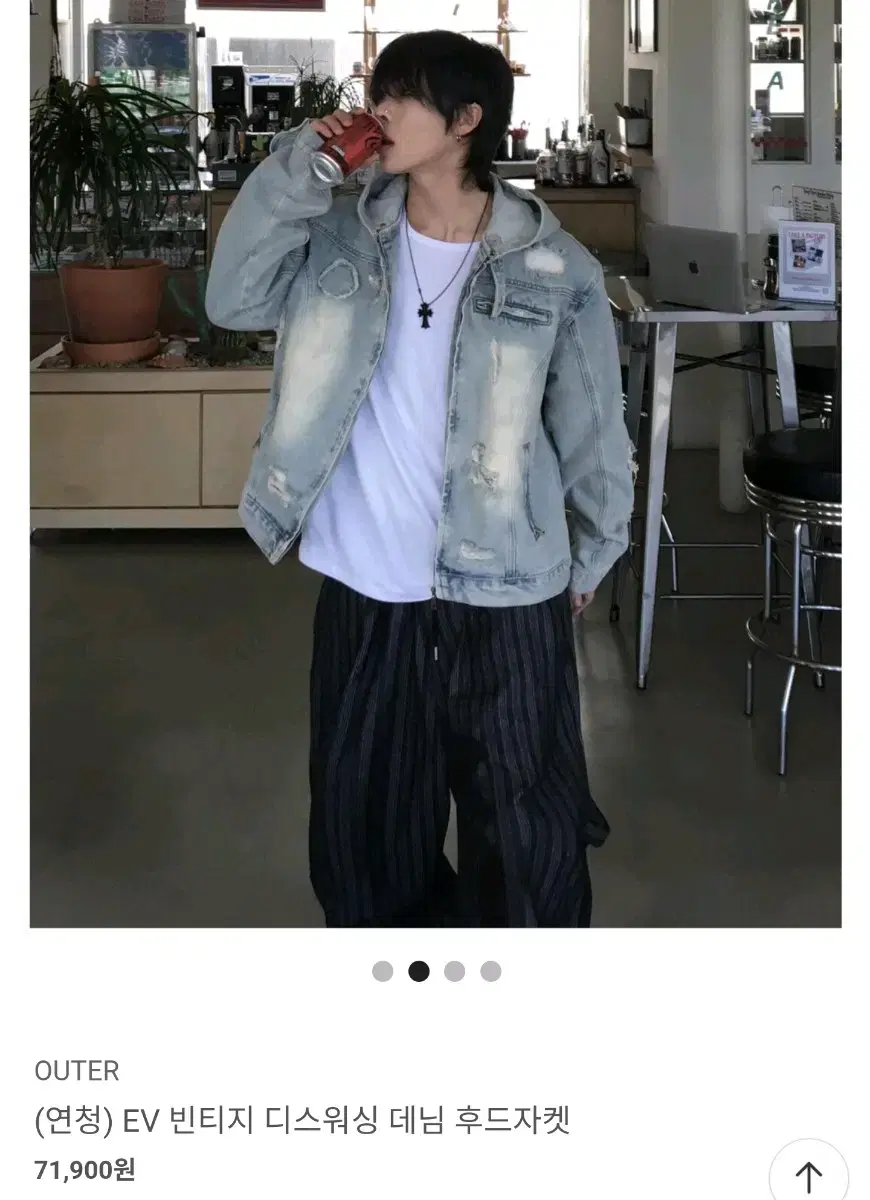 Free ) 디스 워싱 데미지 후드 오버핏 청자켓 - 연청