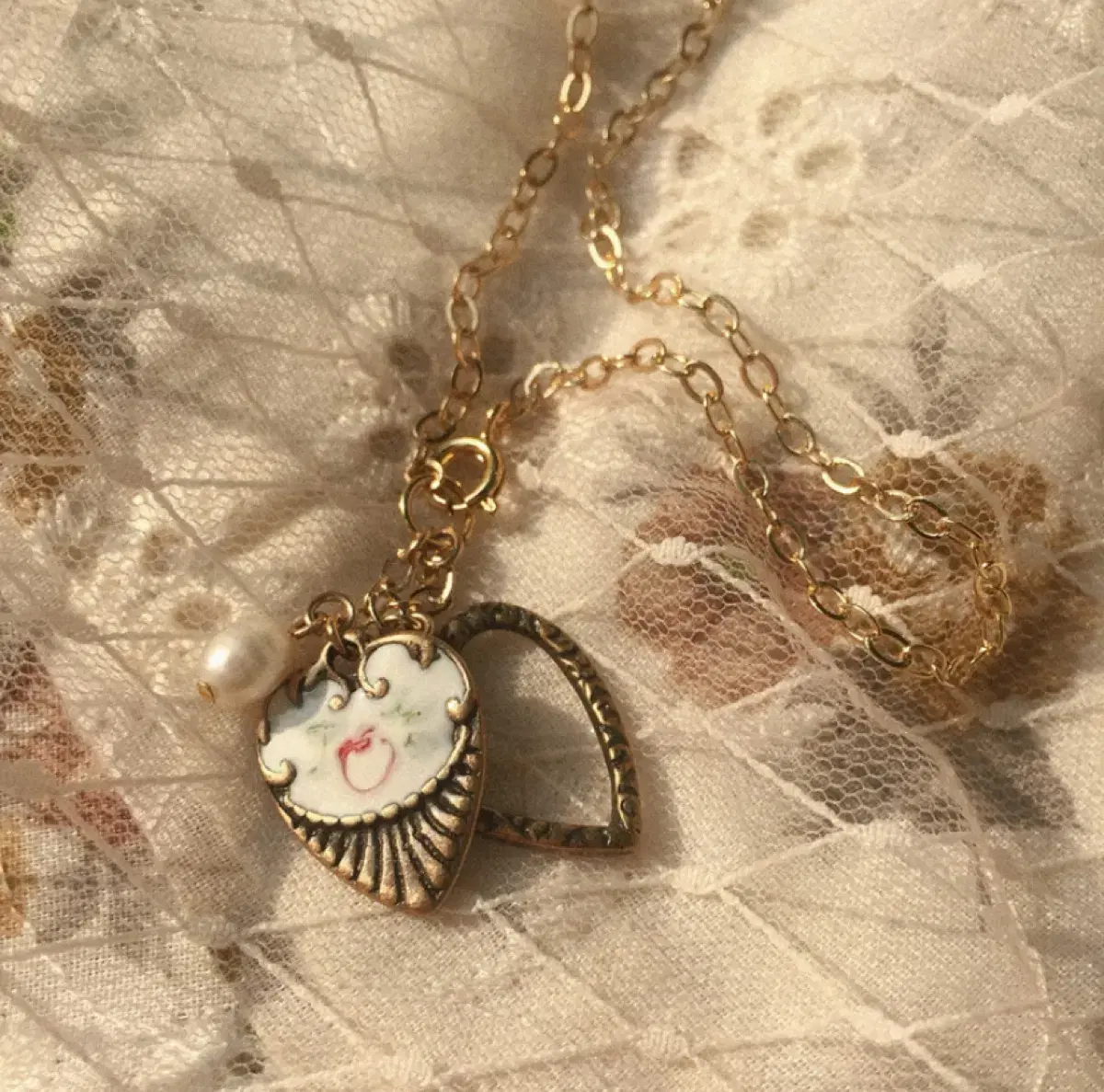 Lew Uyedot Double Heart Lariat Necklace Rogal Hime Gal Morri