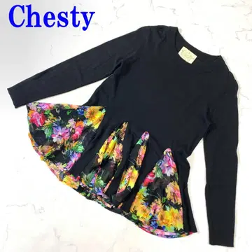 Chesty 체스티 니트 블랙 플라워 무늬 밑단 플레어 울 F C2301